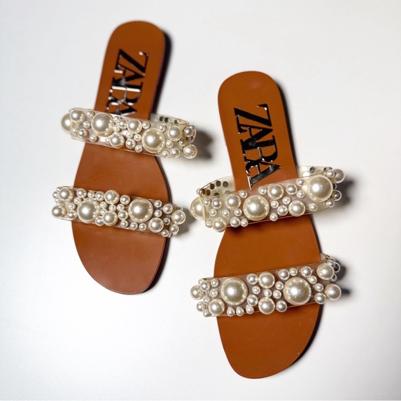 Zara Flat Vinyl Pearls Sandals Women’s Size 37 - Picture 3 of 7